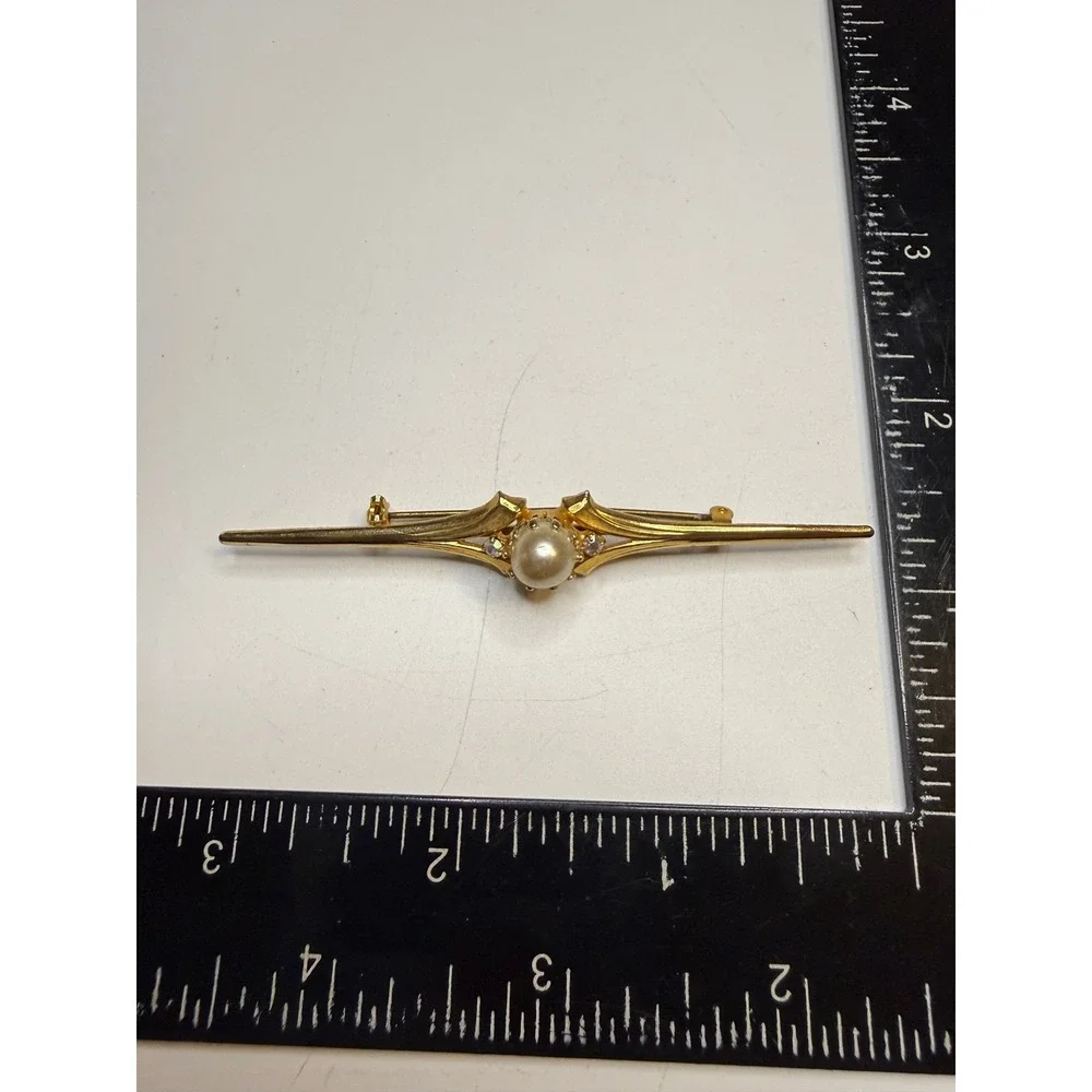 Vintage Made in Austria Gold Tone Faux Pearl Aurora Borealis Bar Brooch